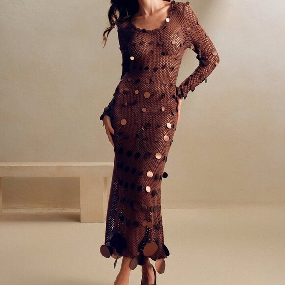 Coffee Brown Elegant Women's Sequined Crochet Long-Sleeve Dress - Picture 4 of 6